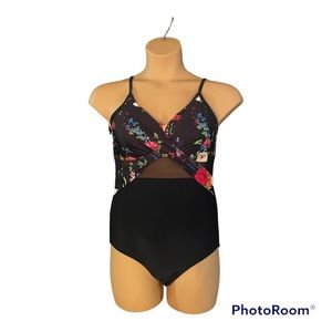 Black Floral One Piece Swimsuit 82% Polyester 10% spandex NWT